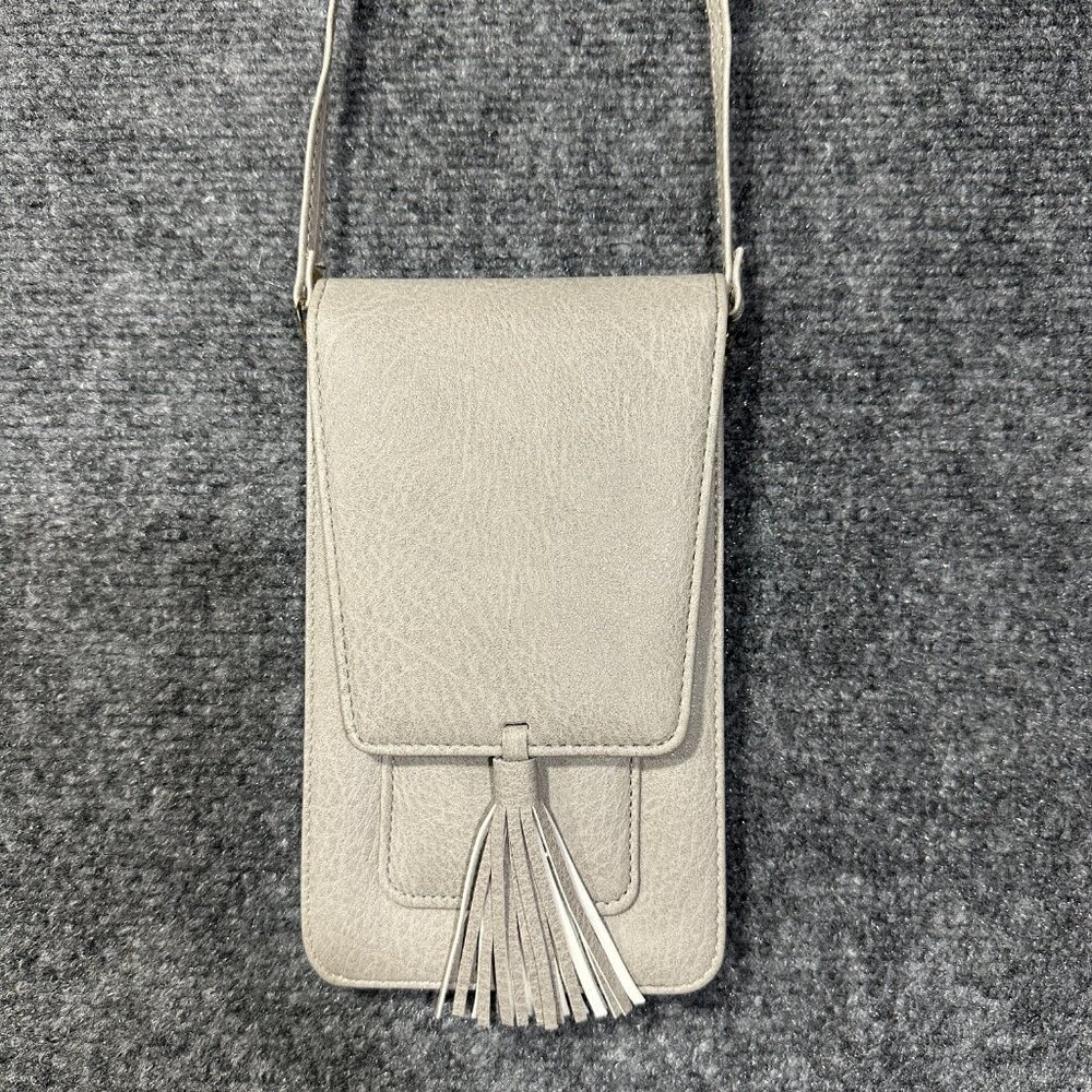 Crossbody Bag Purse on A String Phone Credit Cards Gray Faux Leather Tassel